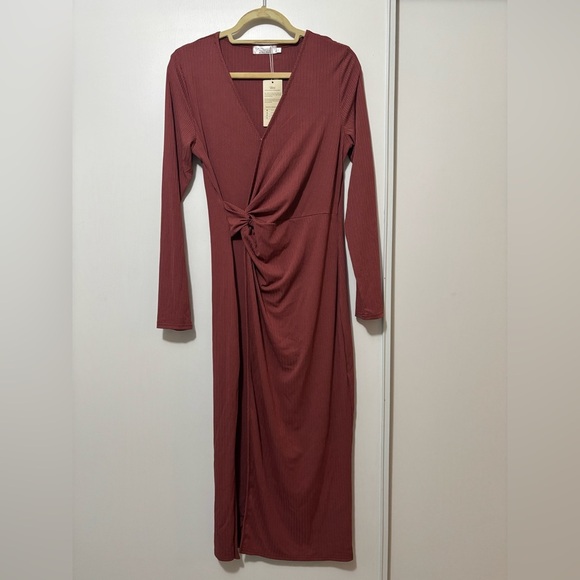 SHIBEVER Casual Dresses for Women V Neck Long Sleeve Front Waist Ribbed - Picture 5 of 7